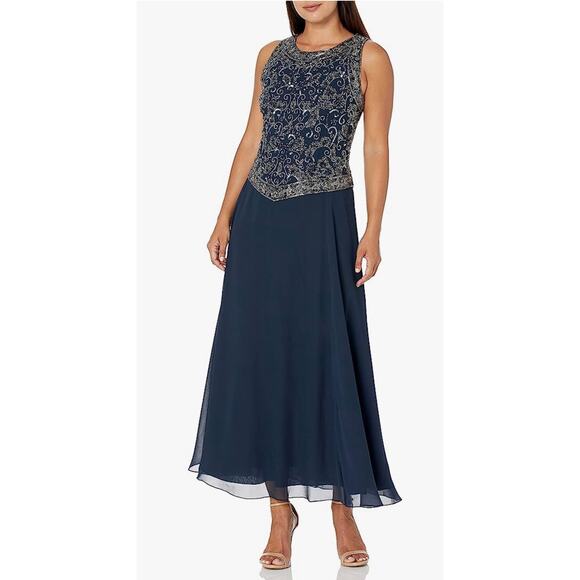 J KARA PETITE LONG BEADED V TRIM DETAIL DRESS NAVY 6 Petite Mother of the Bride - Picture 1 of 14